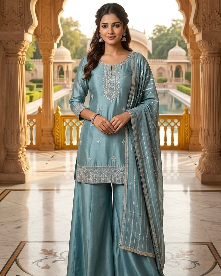Nadia – Steel Blue Tissue Sharara Suit with Katdana, Moti & Stone Work | Fazals (52467)