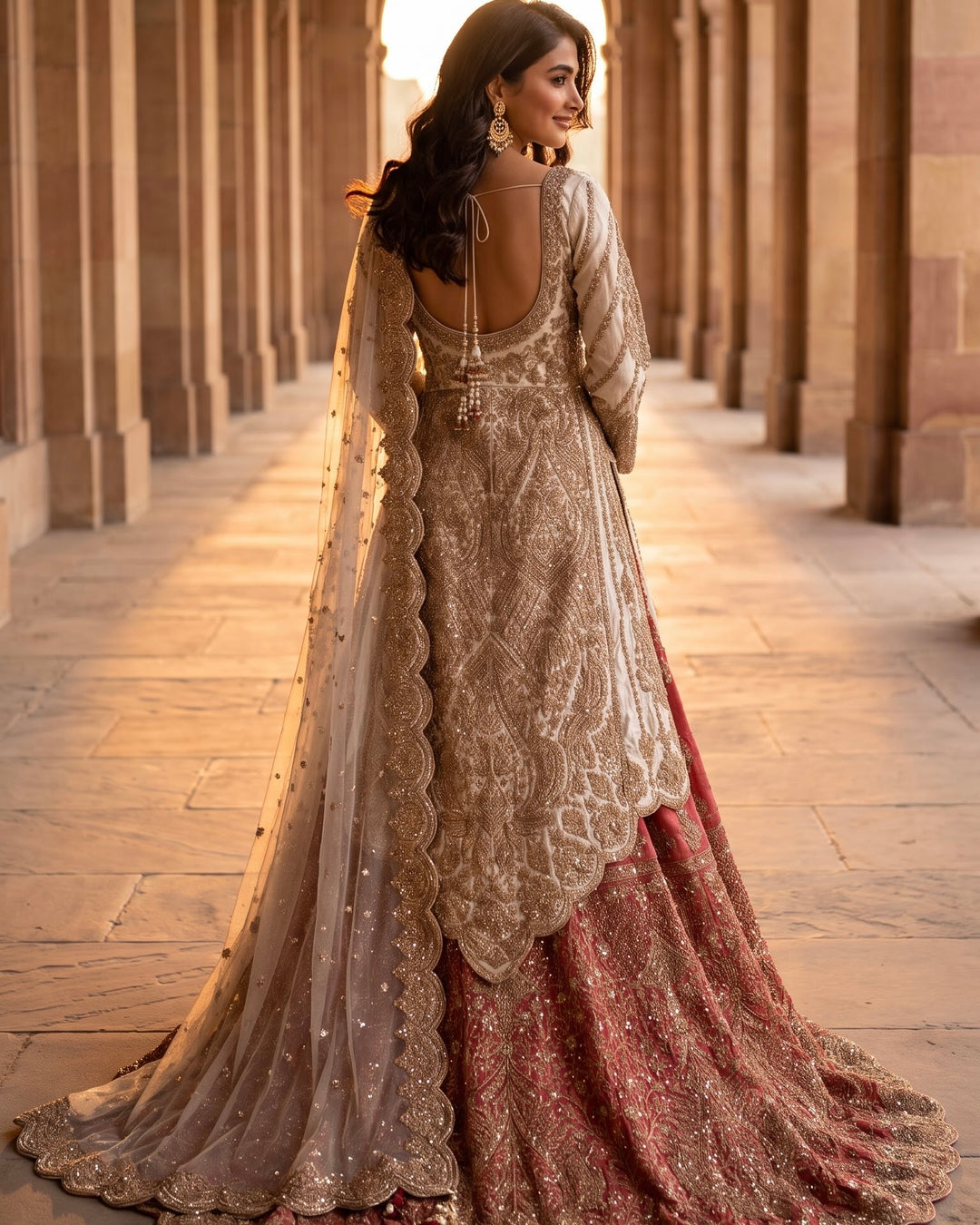 Pink & Cream Tissue Embroidered Trail cut Farshi (59647)