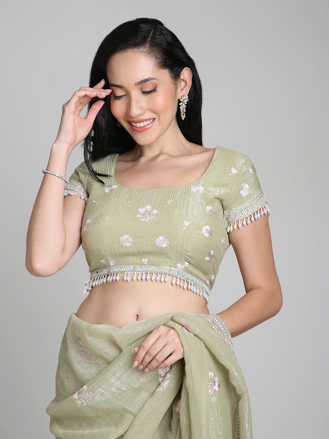 Samaira – Sage Green Chiffon Saree with Pastel Embroidered Border | Fazals (43392)