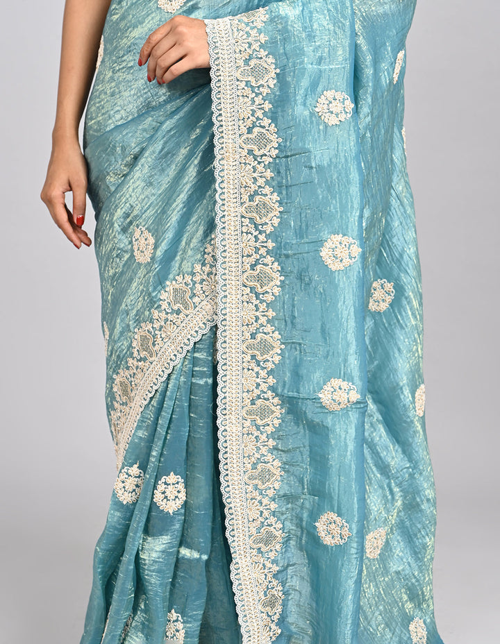 Neysa – Light Blue Organza Saree with Thread Embroidery & Self-Coloured Blouse | Fazals (46581)