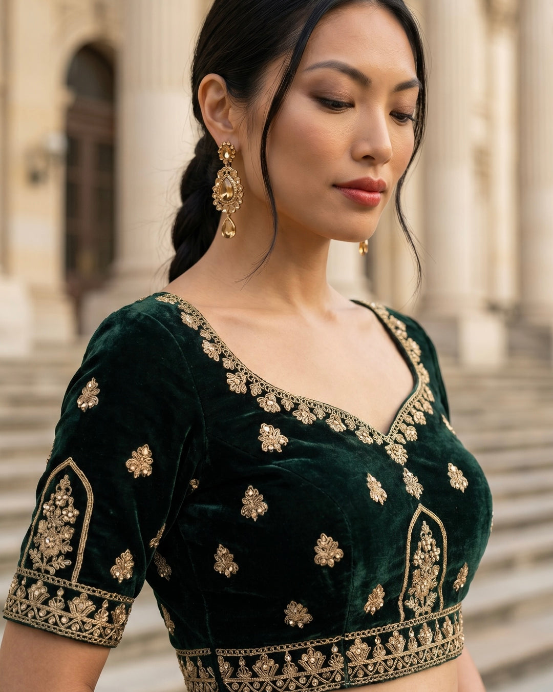 Bottle Green Velvet Zari Embroidered Bridal Dupatta (37516)