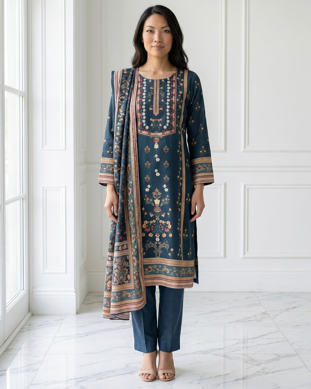 Navy Blue Chinnon Embroidered Festive Dupatta (47024)