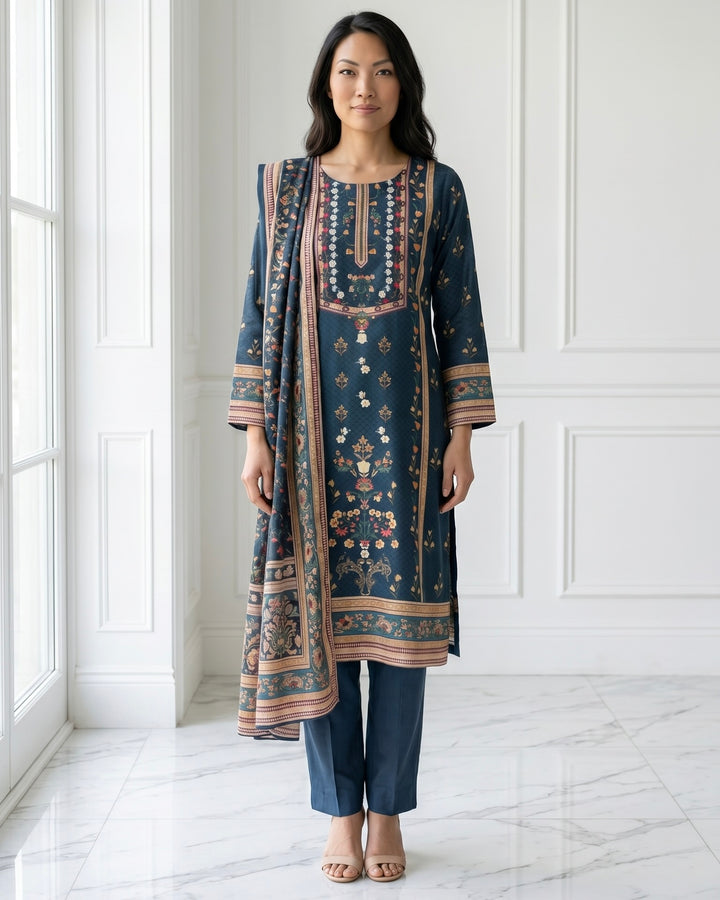 Navy Blue Chinnon Embroidered Festive Dupatta (47024)