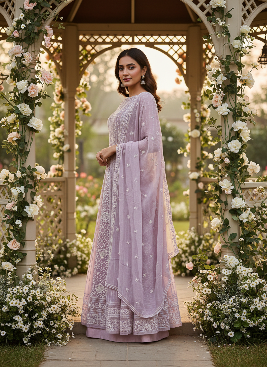 Pink Georgette Embroidered Unstitched Fabric Ensemble (54557)