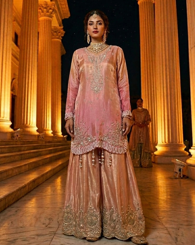 Mehreen – Rose Peach Tissue Gharara Suit with Katdana, Moti & Stone Work | Fazals (53421)
