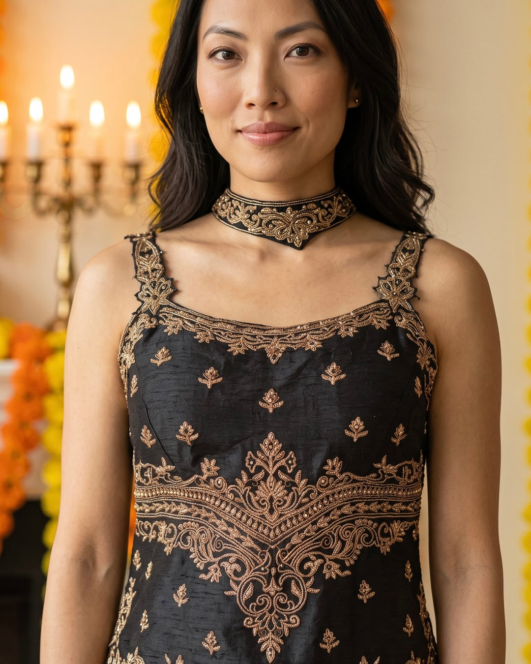 Black Silk Embroidered Short Shirt Palazzo Set (60623)