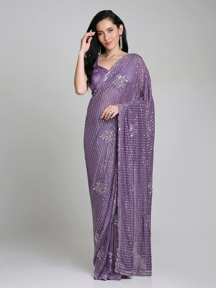 Ishita – Plum Purple Shimmer Net Saree with Sequin Embroidery | Fazals (44172)