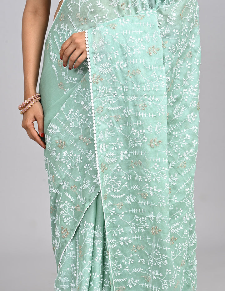 Aira – Mint Green Georgette Saree with Embroidered Thread Work Blouse | Fazals (43388)