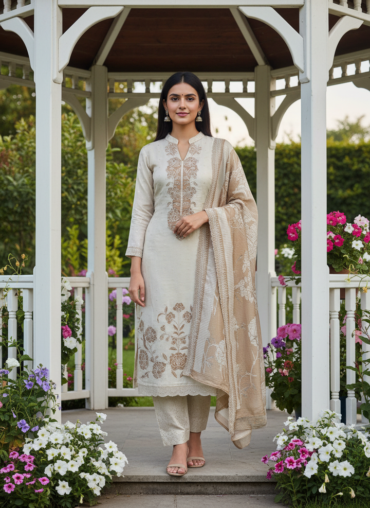 Beige Tissue with Luminous Zari Embroidery (52777)