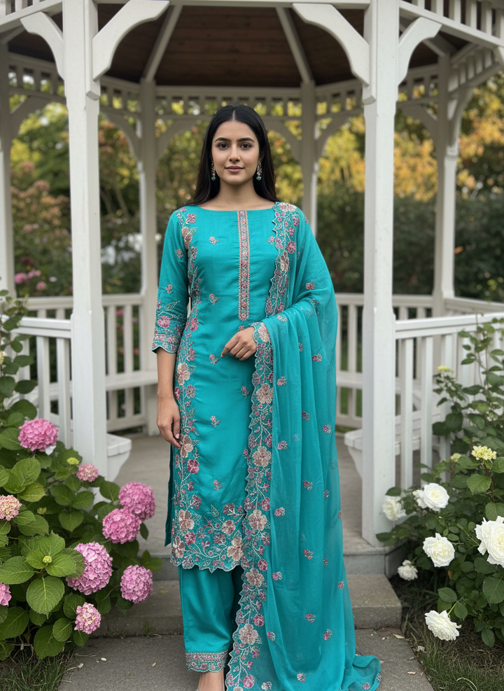 Embroidered Green Upada Unstitched Suit Piece (49469)