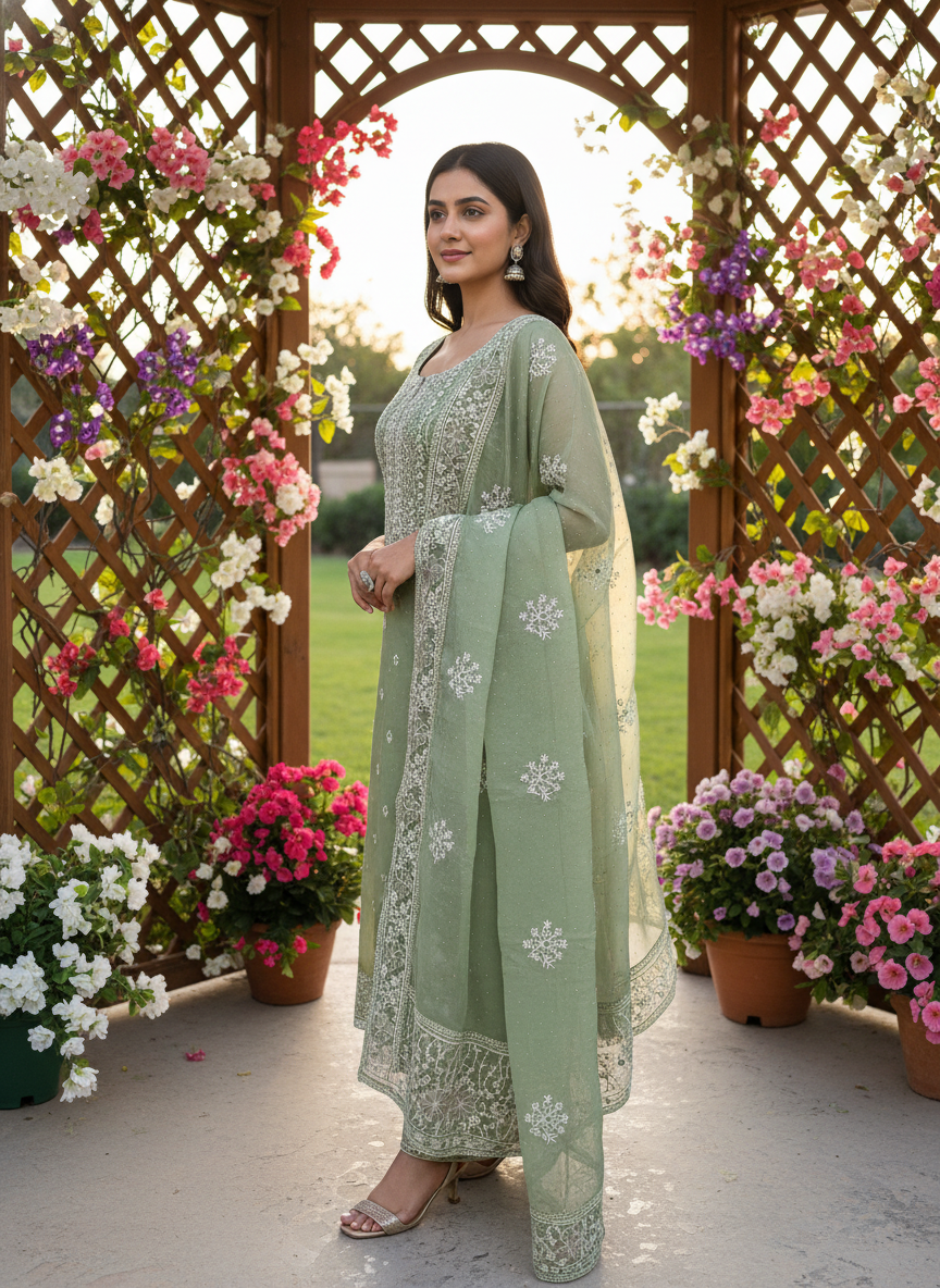 Verdant Embroidered Organza for Festive Elegance (55207)