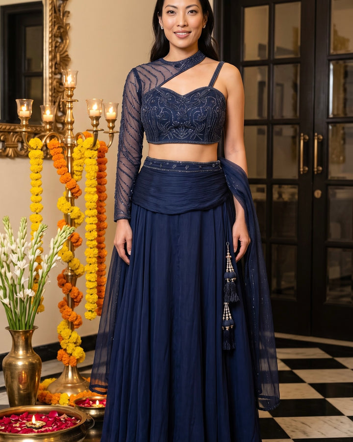 Blue Chinnon Embroidered blouse with Drape Skirt (60871)