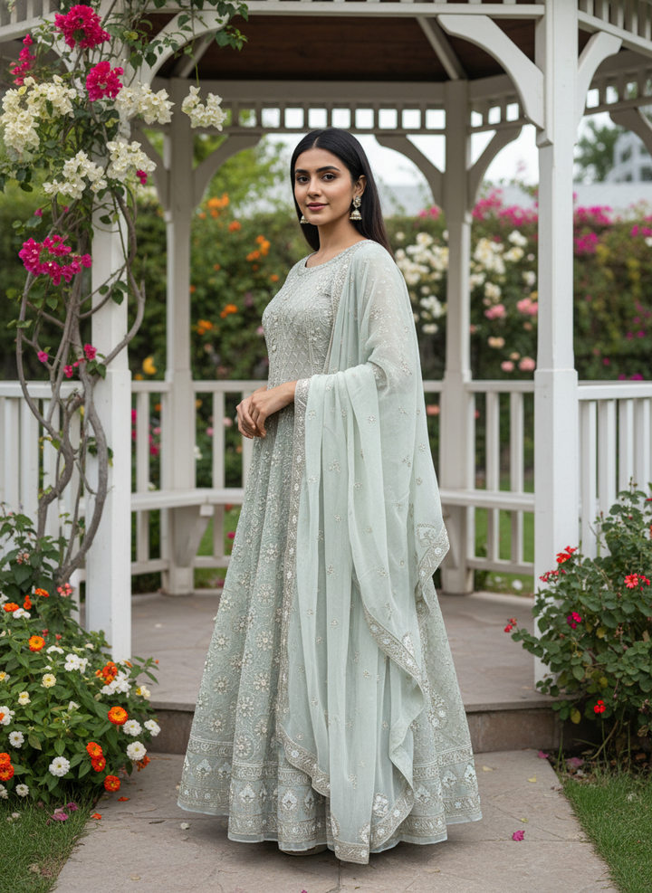 Light Green Zari Georgette Festive Ensemble (54556)