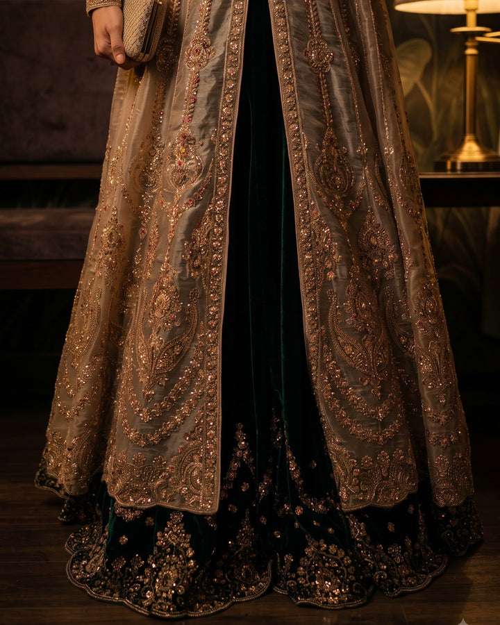 Bottle Green Velvet Embroidered Indo Western (55113)