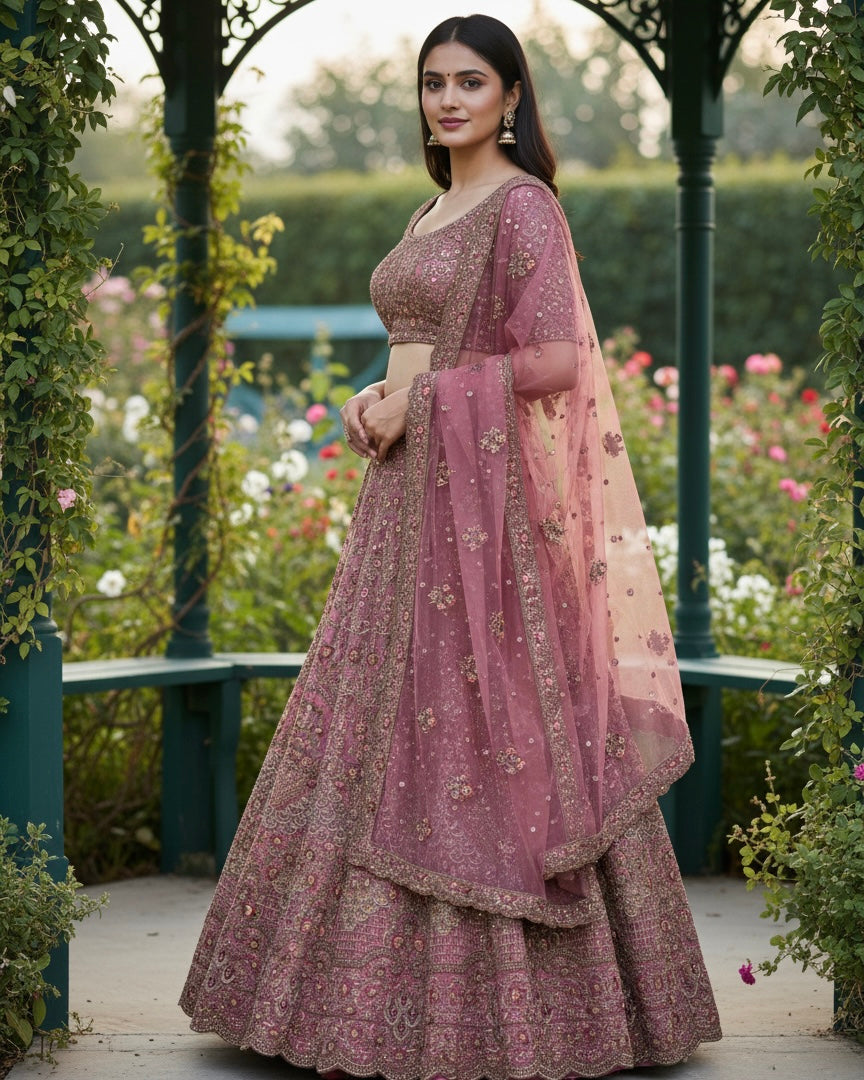 Embroidered Pink Net Bridal Dupatta (54316)