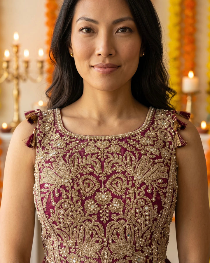 Wine Tissue Embroidered Corset Blouse Palazzo Set (56565)