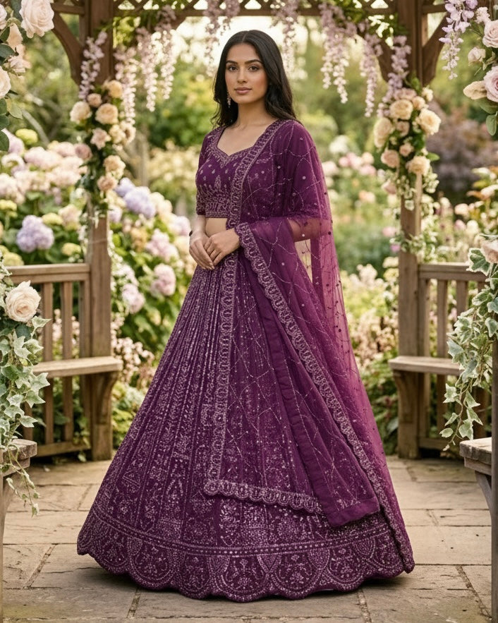 Purple Embroidered Net Dupatta with Heritage Elegance (55073)