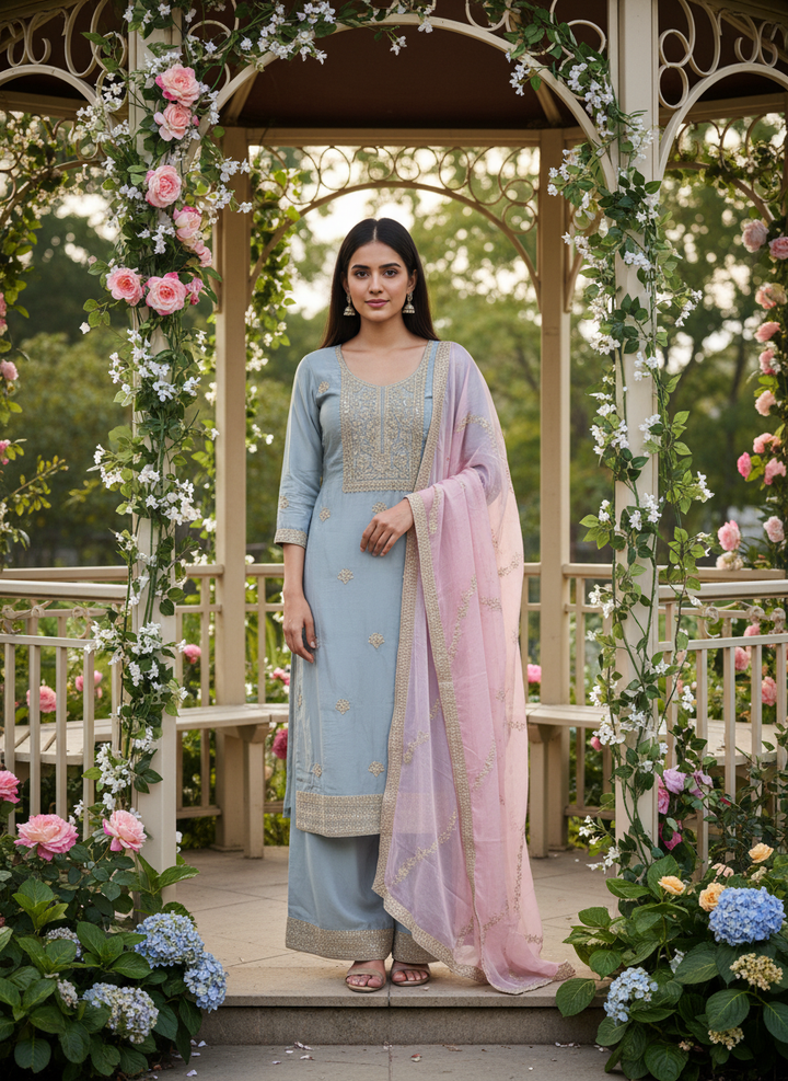 Embroidered Grey Upada Silk Unstitched Fabric (53751)