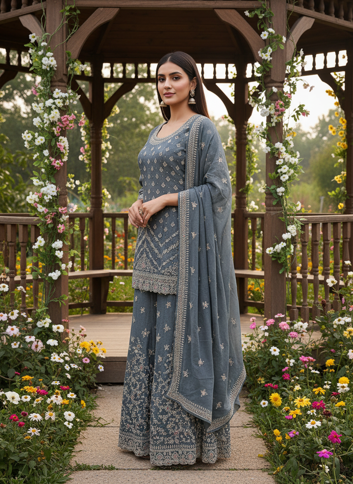 Grey Tissue Palazzo Suit with Zari Embroidery (50455)