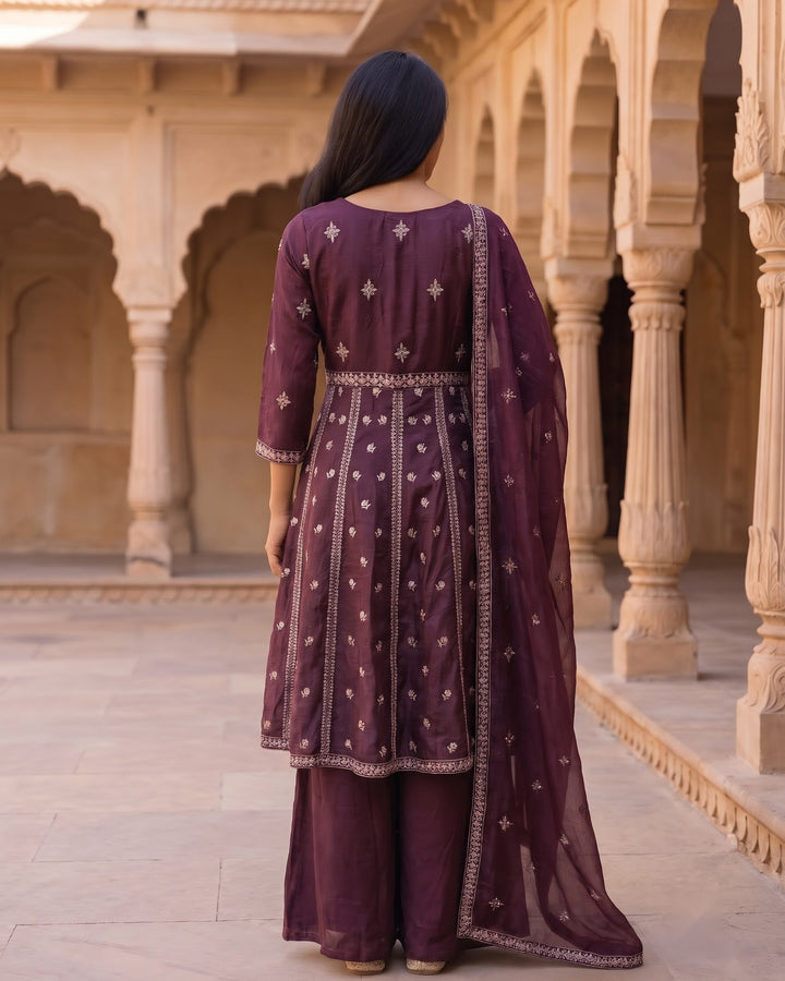 Wine Organza Embroidered Festive palazzo set (51760)