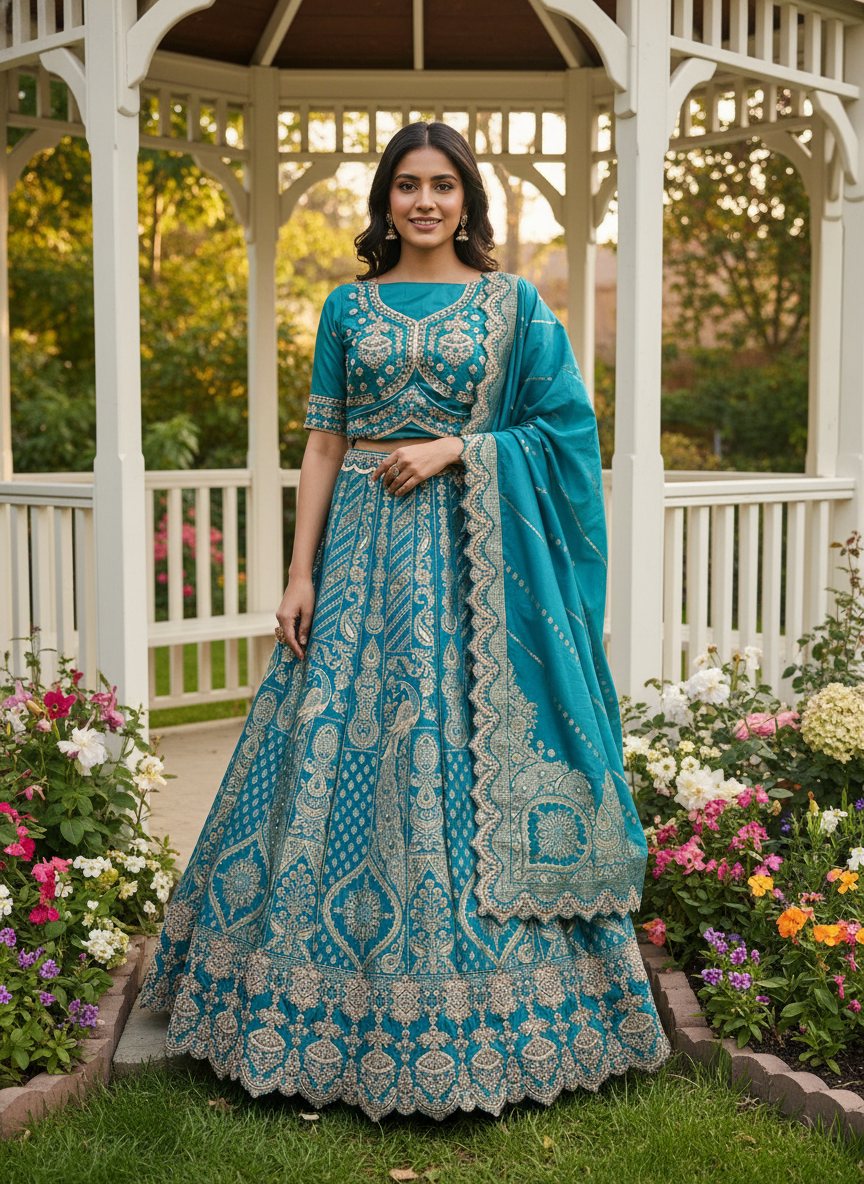 Emerald Silk Bridal Lehenga with Handworked Embroidery (44644)