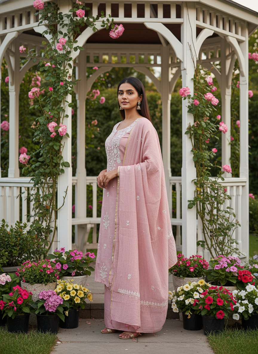 Pink Mull Embroidered Unstitched Dress Material (55335)