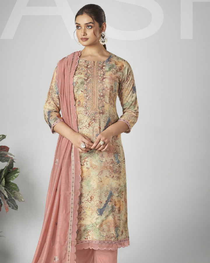 43965 - Printed Muslin Embroidered Suit With Chiffon Duppatta