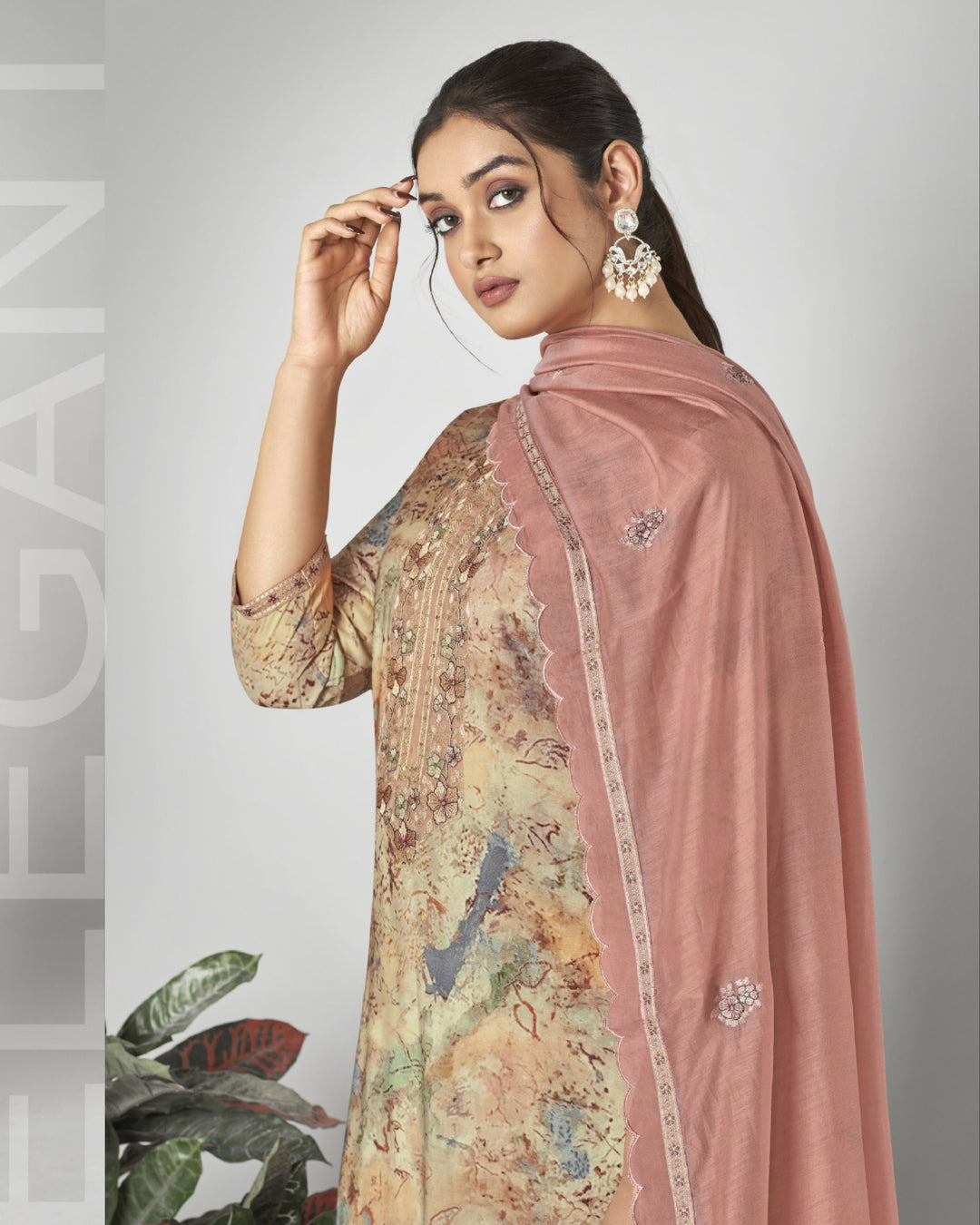 43965 - Printed Muslin Embroidered Suit With Chiffon Duppatta