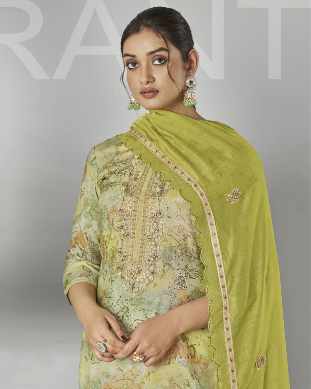 43966 - Printed Muslin Embroidered Suit With Chiffon Duppatta