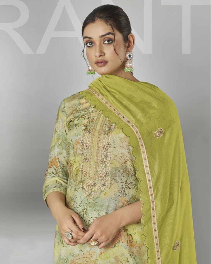 43966 - Printed Muslin Embroidered Suit With Chiffon Duppatta