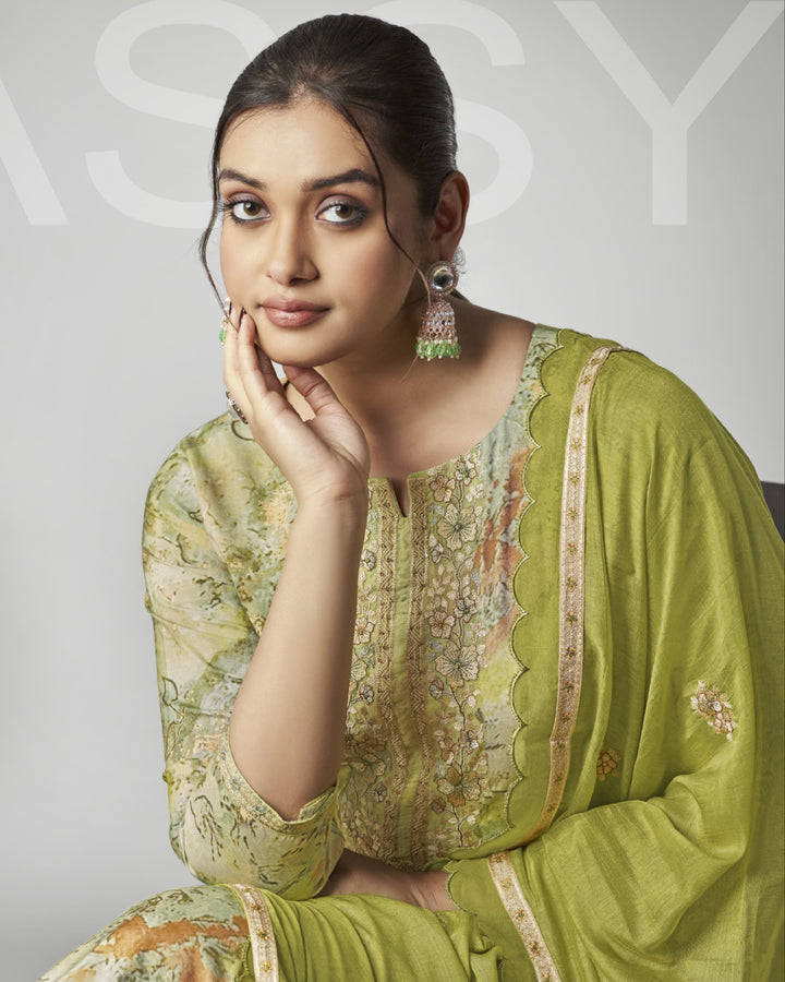 43966 - Printed Muslin Embroidered Suit With Chiffon Duppatta