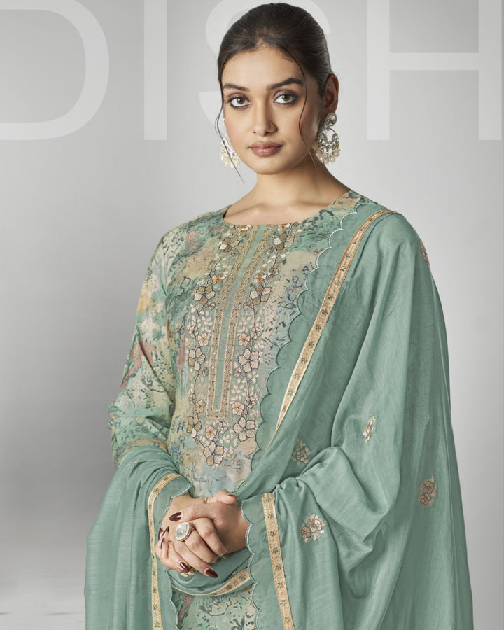 43967 - Printed Muslin Embroidered Suit With Chiffon Duppatta
