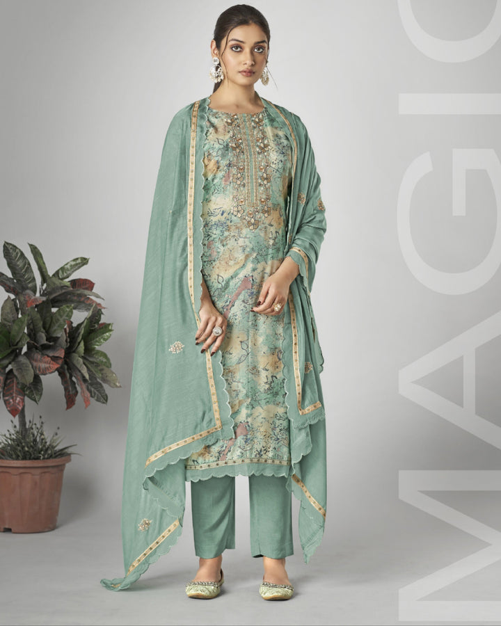 43967 - Printed Muslin Embroidered Suit With Chiffon Duppatta