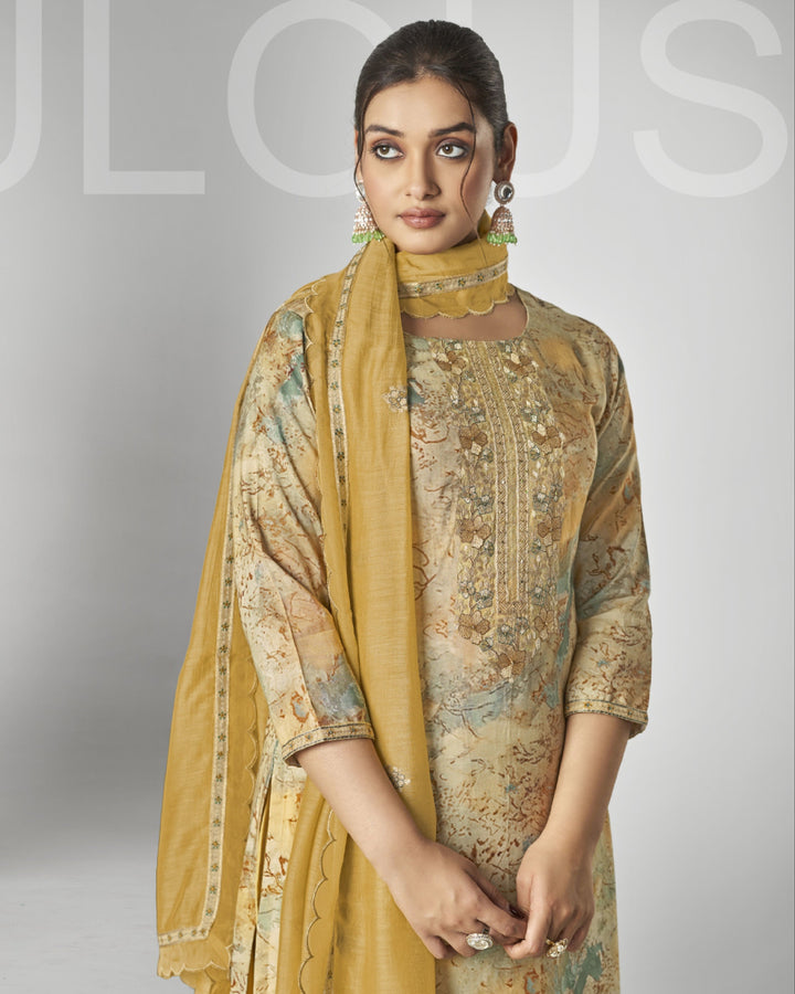 43968 - Printed Muslin Embroidered Suit With Chiffon Duppatta