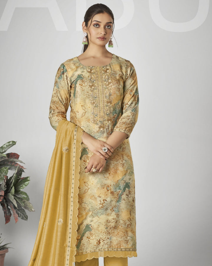 43968 - Printed Muslin Embroidered Suit With Chiffon Duppatta