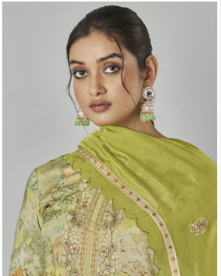 43966 - Printed Muslin Embroidered Suit With Chiffon Duppatta