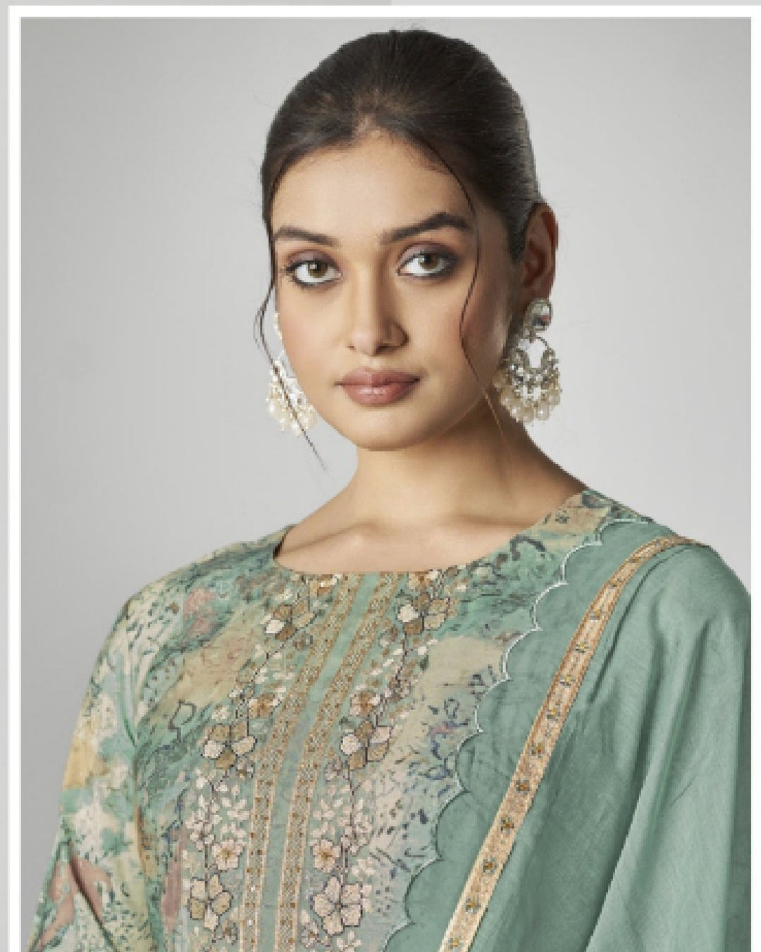 43967 - Printed Muslin Embroidered Suit With Chiffon Duppatta