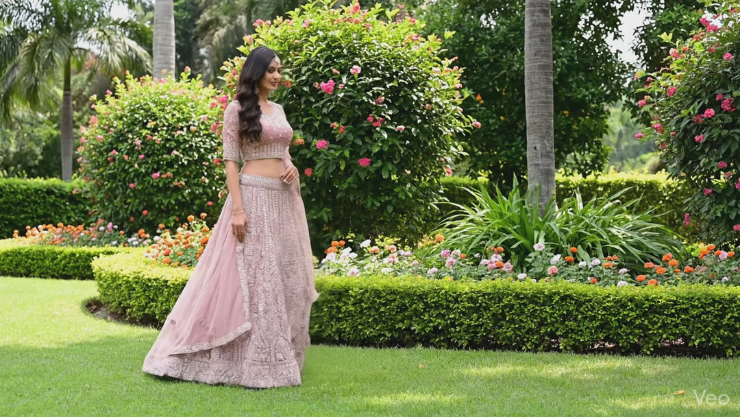 Gulnaar – Blush Pink Net Lehenga with Thread & Sequins Embroidery, Embroidered Blouse & Net Dupatta | Fazals
