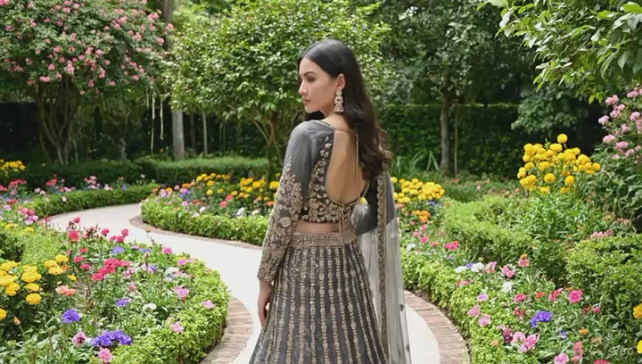 Nayra – Dusty Teal Georgette Lehenga with Thread & Sequin Work, Embroidered Blouse & Net Dupatta | Fazals