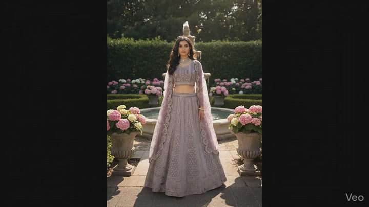 Lavelle – Lavender Net Lehenga with Thread & Stone Embroidery, Embroidered Blouse & Net Dupatta | Fazals