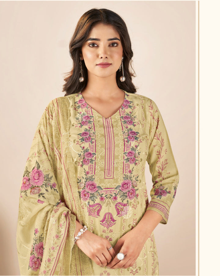 43987 - Printed Cotton Embroidered Suit With Cotton Duppatta
