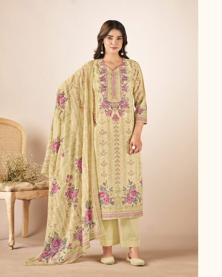 43987 - Printed Cotton Embroidered Suit With Cotton Duppatta