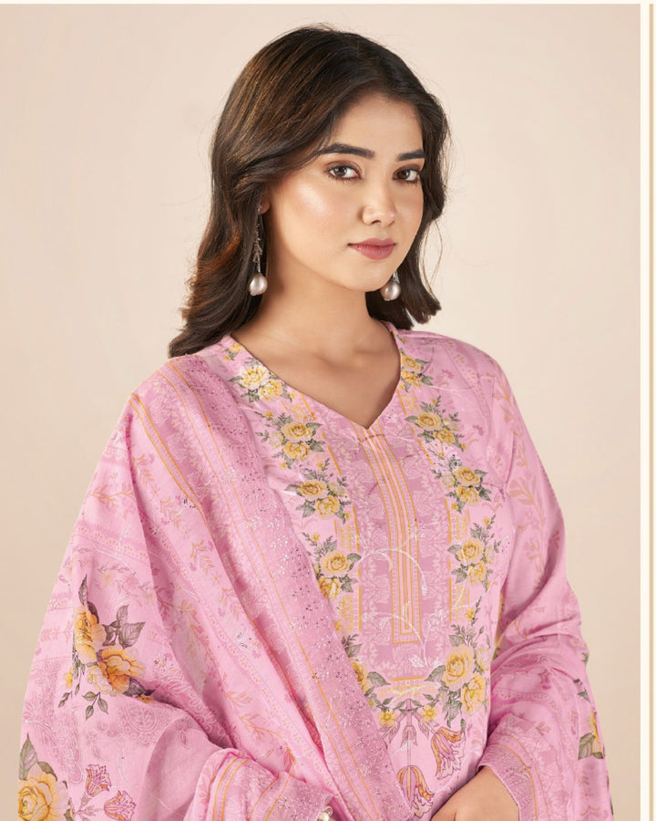 43988 - Printed Cotton Embroidered Suit With Cotton Duppatta
