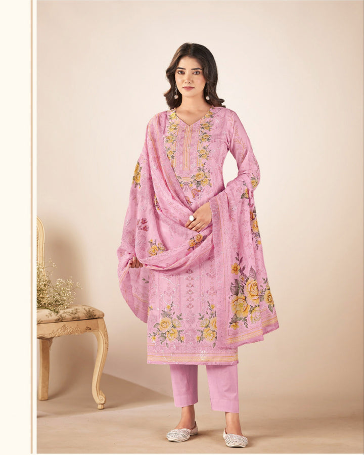 43988 - Printed Cotton Embroidered Suit With Cotton Duppatta