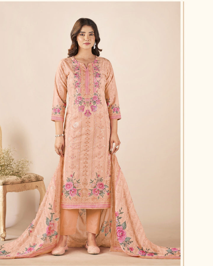43990 - Printed Cotton Embroidered Suit With Cotton Duppatta