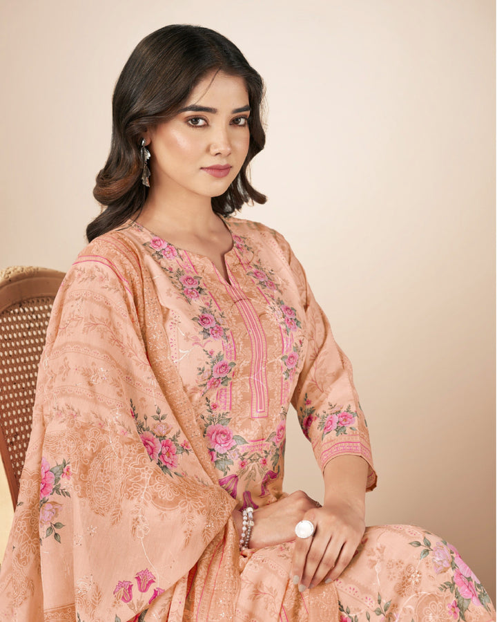 43990 - Printed Cotton Embroidered Suit With Cotton Duppatta
