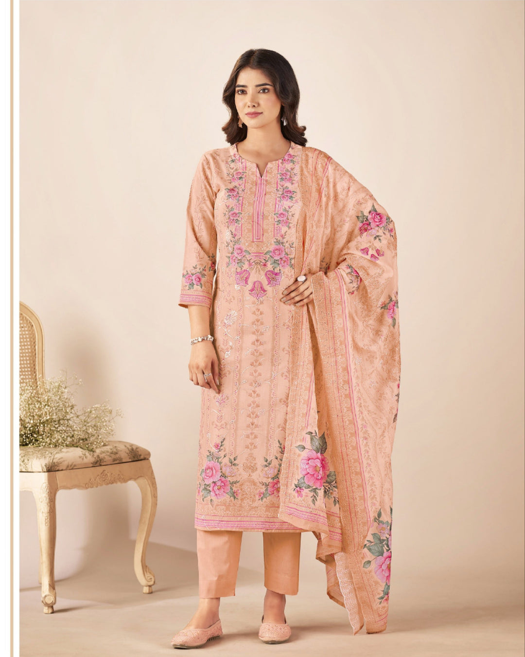 43990 - Printed Cotton Embroidered Suit With Cotton Duppatta