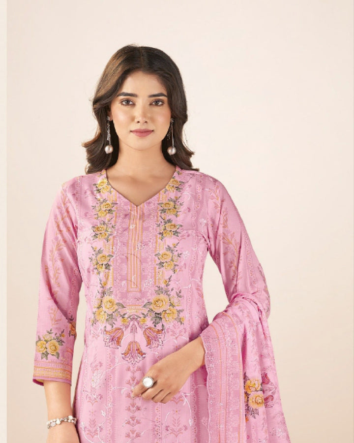 43988 - Printed Cotton Embroidered Suit With Cotton Duppatta